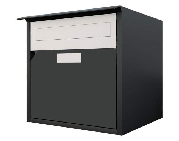 Anthrazitgrauer Aluminium-Briefkasten von HUBER mit flacher Front, Regenschutzleiste und pulverbeschichtetem Gehäuse, Postnorm-konform.