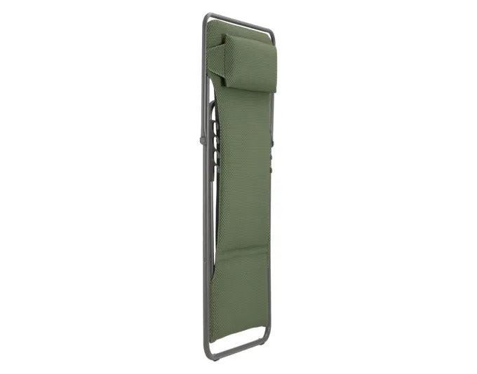 Komfortabler LAFUMA Maxi Transat+ BeComfort® Sessel in Olive mit robustem Titane-Gestell, ideal für Entspannung.