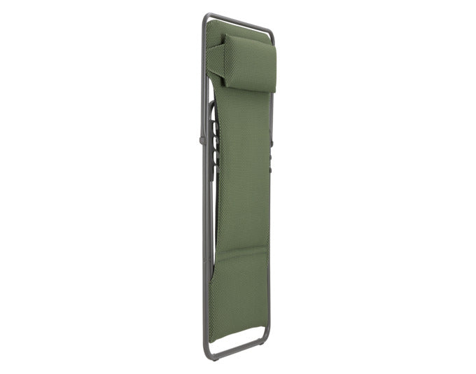 Komfortabler LAFUMA Maxi Transat+ BeComfort® Sessel in Olive mit robustem Titane-Gestell, ideal für Entspannung.