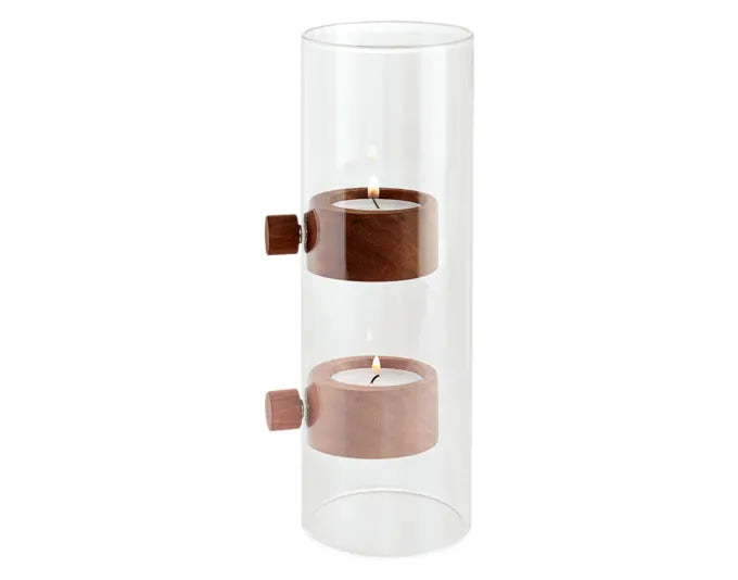 Eleganter Teelichthalter aus Glas und Nussbaumholz, 20 cm hoch, ideal für stilvolle Beleuchtung und modernes Design.