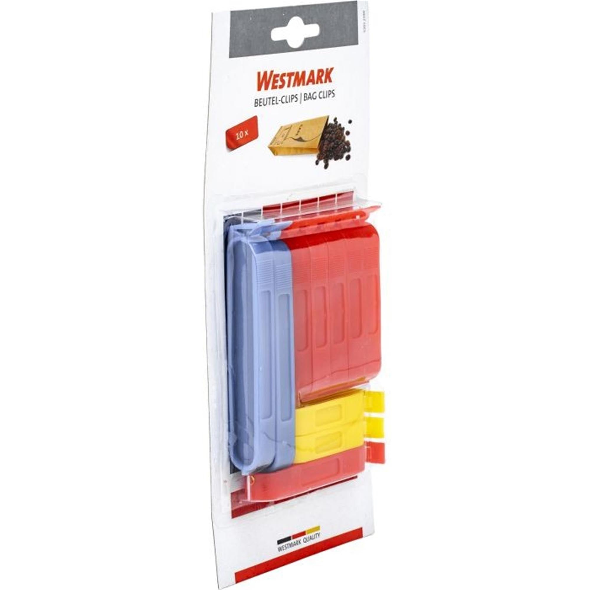 Praktische Beutelclips von Westmark in 3 Grössen, 10 Stück, farbig sortiert: 2 blau, 6 rot, 2 gelb. Ideal zum Verschliessen.