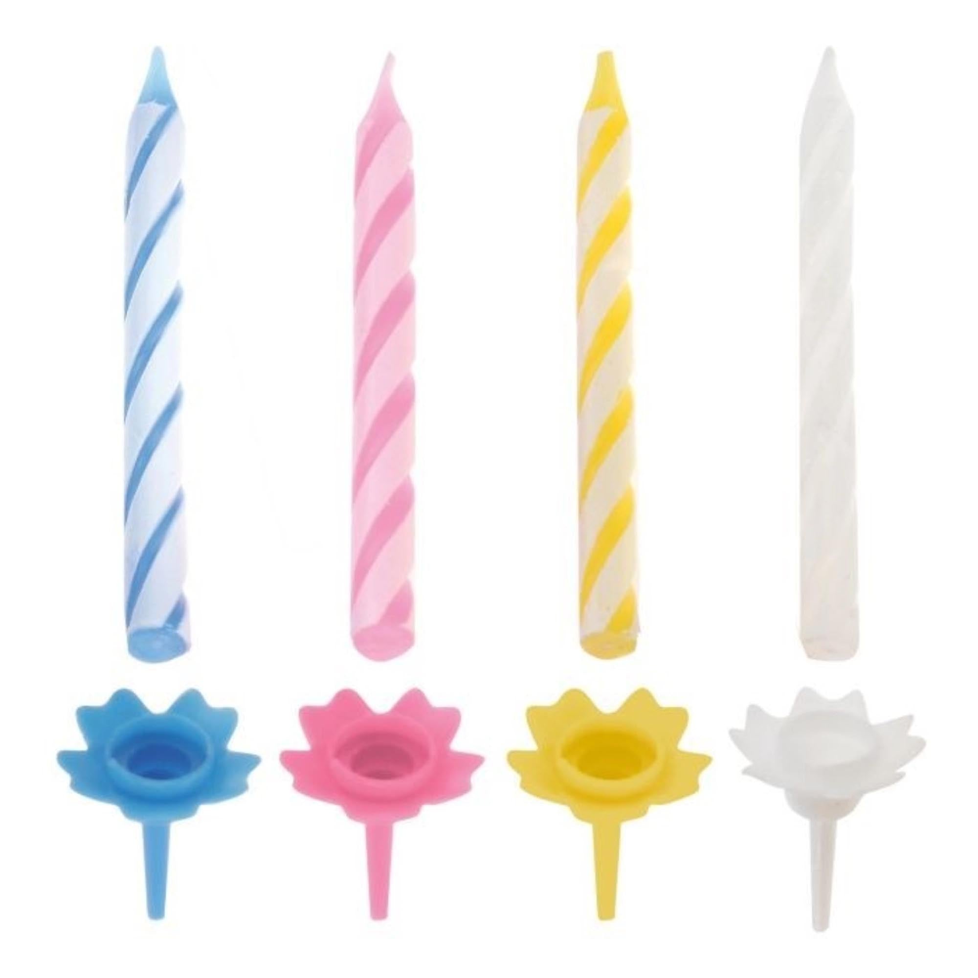 24-teiliges Set farbenfroher Partykerzen von Westmark, perfekt für Geburtstage, inklusive Halter für sicheres Anbringen.