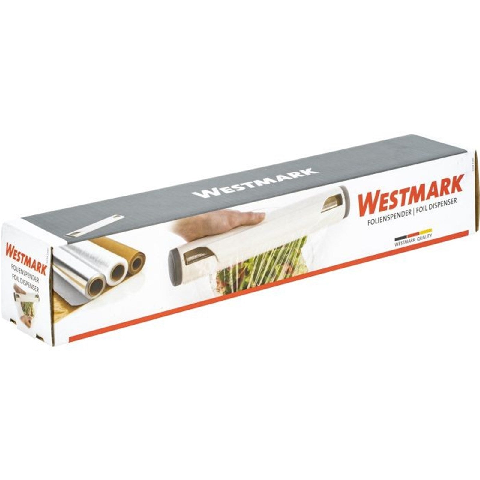 Praktischer Folienspender von Westmark, 33.5x6.5x6.5cm, ideal für Frischhalte- und Alufolie, mit scharfem Schneidemechanismus.