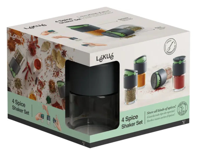 Das LÉKUÉ Gewürzstreuer Set, 4-teilig, bietet praktische und stilvolle Aufbewahrung für Ihre Gewürze. Perfekt für die Küche.