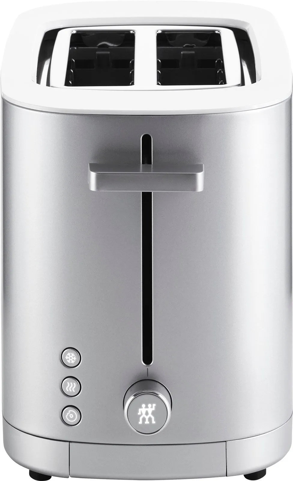 Zwilling Enfinigy Toaster 2: Silbernes Design mit Brötchenaufsatz.