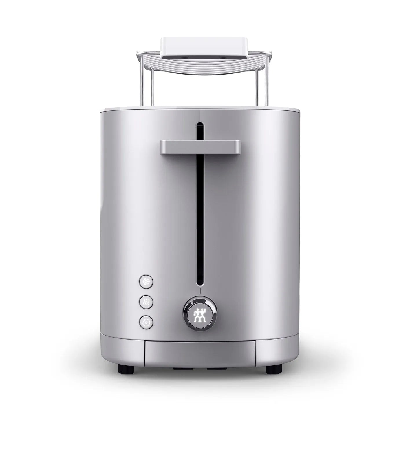 Stilvoller Zwilling Enfinigy Toaster 2 mit silbernem Brötchenaufsatz.
