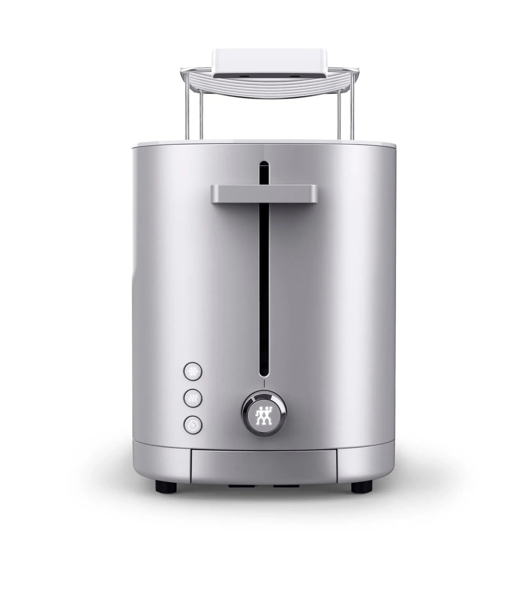 Eleganter Zwilling Toaster 2 in Silber mit praktischem Brötchenaufsatz.