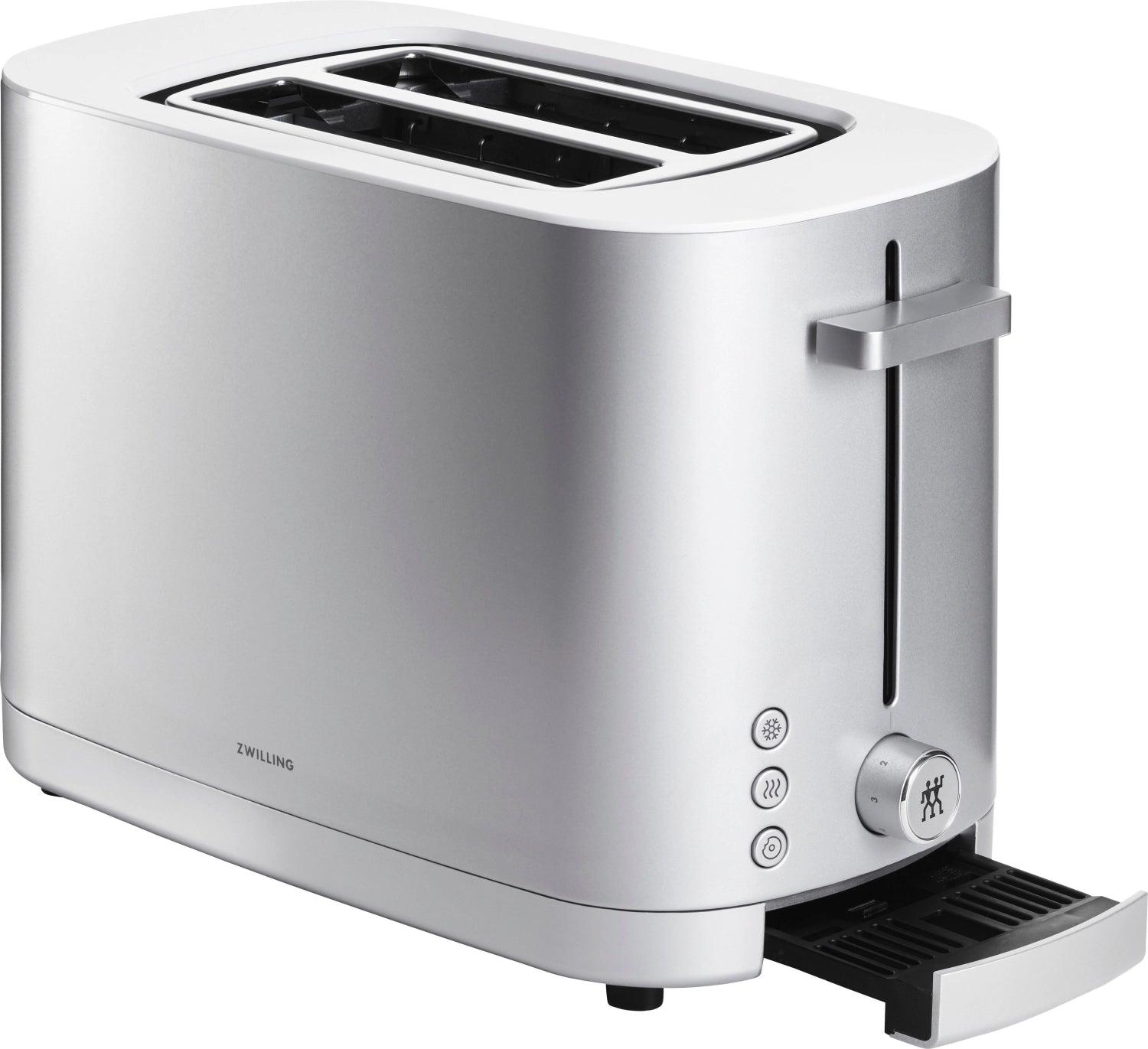 Moderner Toaster Enfinigy 2 in Silber mit praktischem Brötchenaufsatz, perfekt für knusprige Toasts und frische Brötchen von Zwilling Kitchen.
