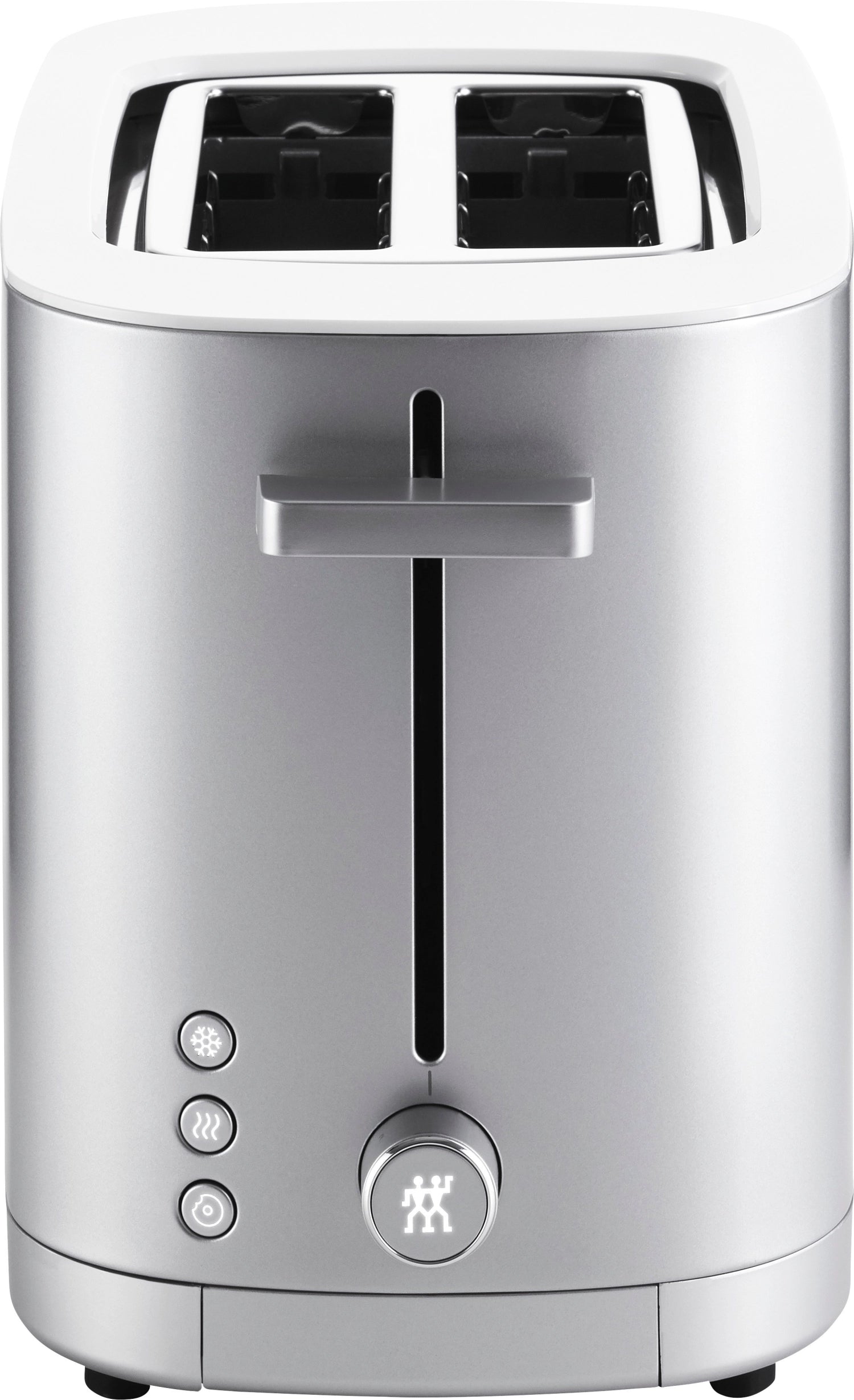 Eleganter Zwilling Enfinigy Toaster 2 in Silber, ausgestattet mit einem Brötchenaufsatz für perfekt geröstete Brote und Brötchen.
