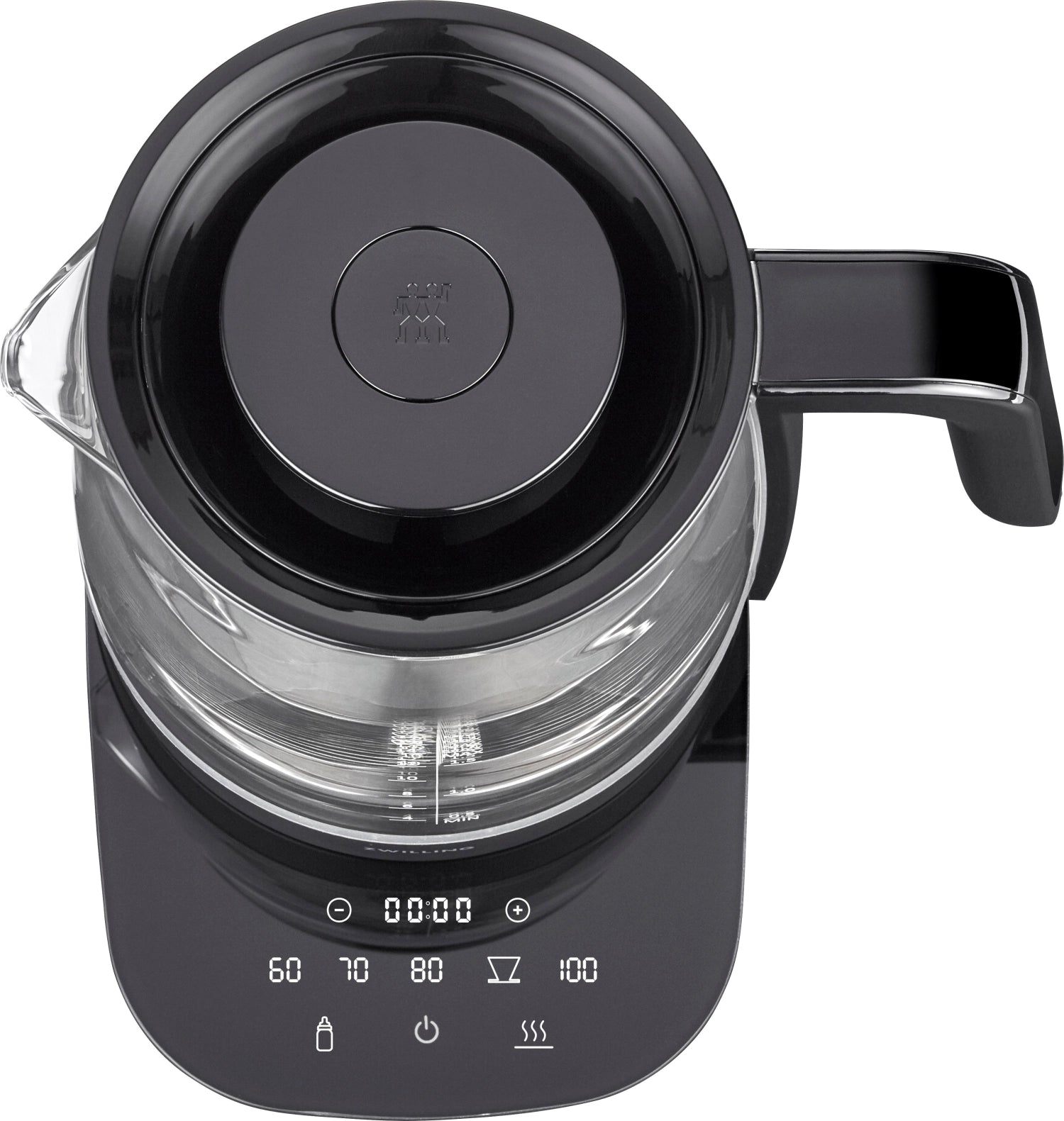 Moderner Wasserkocher aus schwarzem Glas mit 1,7 l Volumen von Zwilling, perfekt für die schnelle Zubereitung von Tee und Kaffee.