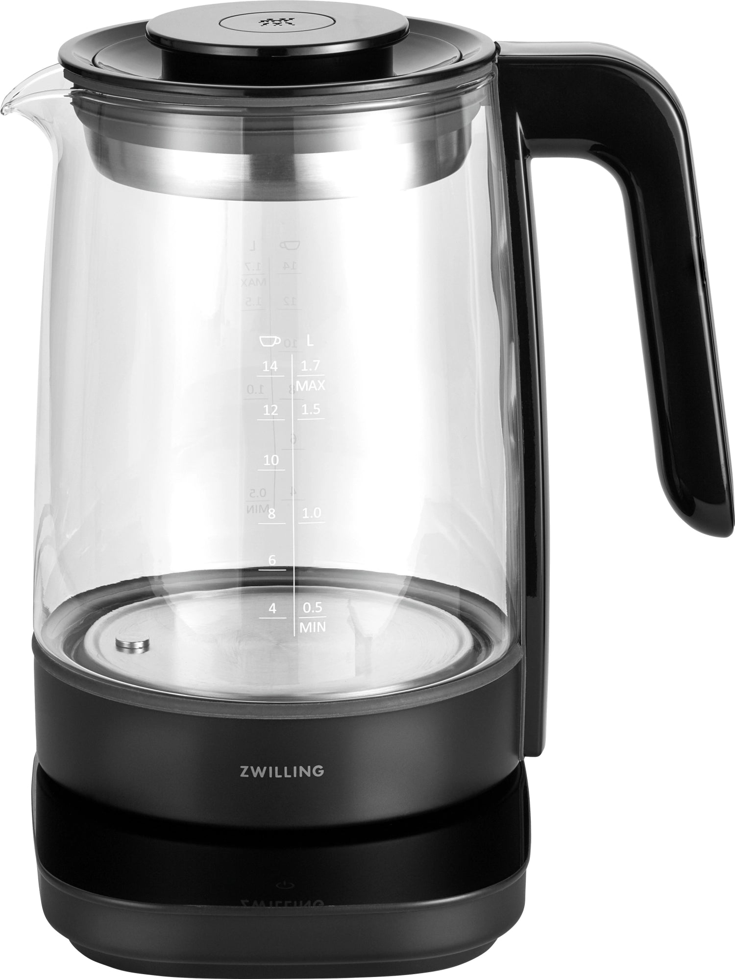 Eleganter Wasserkocher aus schwarzem Glas mit 1,7 l Fassungsvermögen von Zwilling, ideal für die stilvolle Zubereitung von heißen Getränken.