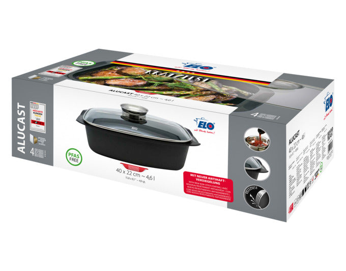 ELO Bräter 4.6 l, 40x22x11 cm, Glasdeckel, PFAS-frei, langlebig, ideal für gesundes Kochen, hochwertige Elodur-Select Beschichtung.