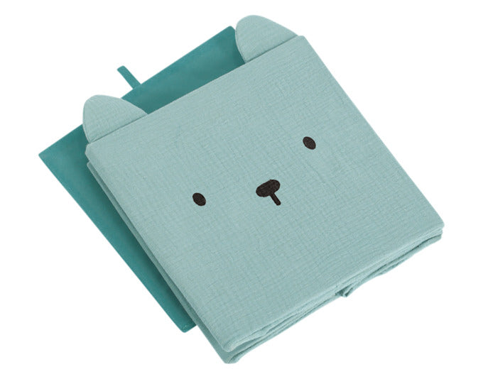 Praktische Aufbewahrungsbox in Mint mit Bärenmotiv aus Musselin, 28x28x28 cm, ideal für Kinderzimmer und stilvolle Organisation.