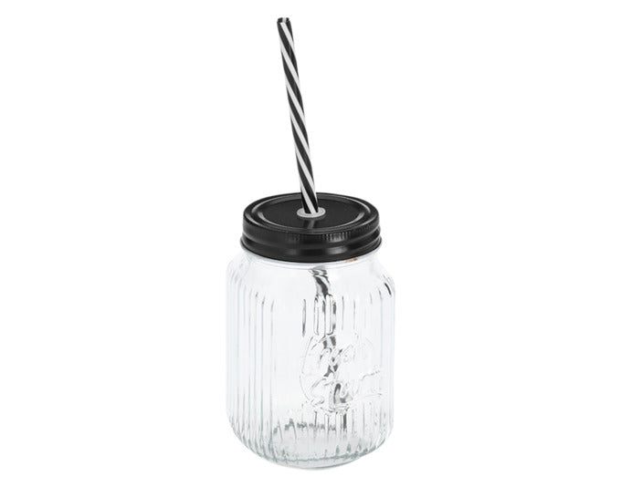 ZELLER Trinkglas mit Metalldeckel schwarz und Trinkhalm 480 ml ø 8x13 cm in  präsentiert im Onlineshop von KAQTU Design AG. Glas ist von ZELLER PRESENT