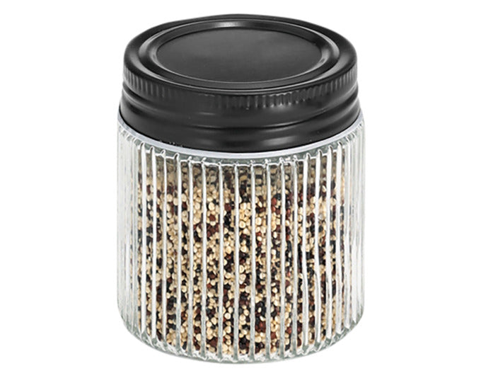Vorratsglas 120 ml mit schwarzem Metalldeckel, ideal für Gewürze oder Kleinigkeiten. Stilvolles Design, kompakt und praktisch.