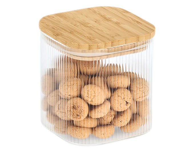 Vorratsglas aus Glas mit Bambusdeckel, eckig, 720 ml, 10x10x10.7 cm, ideal für Lebensmittelaufbewahrung, stilvoll und praktisch.