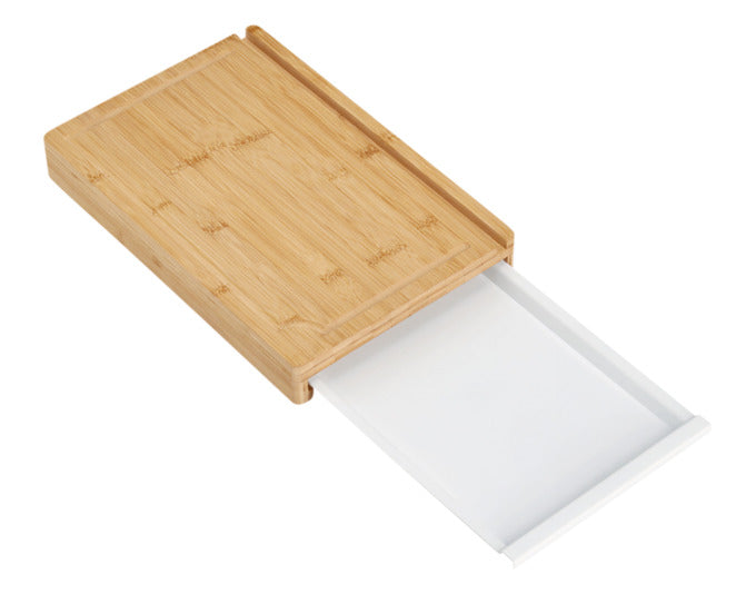 Praktisches Bambus-Schneidbrett mit integrierter Auffangschale und iPad-Halter, ideal für moderne Küchen, Maße: 40x26.5x5.2 cm.