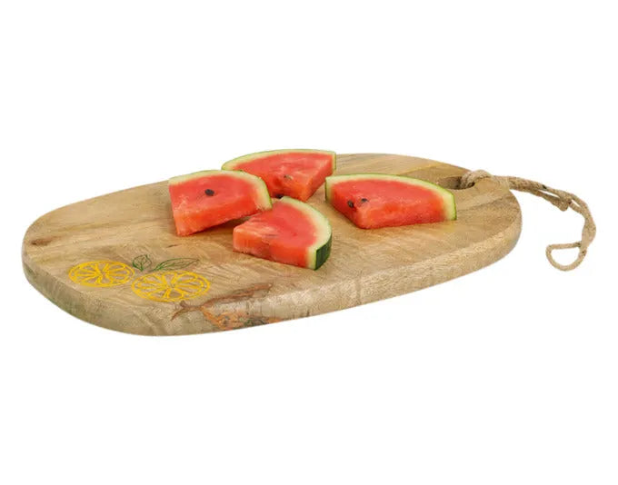 Servier- und Schneidbrett aus Mangoholz mit Zitronenmotiv, 38x25x2 cm, stilvoll und funktional für Küche und Tisch.