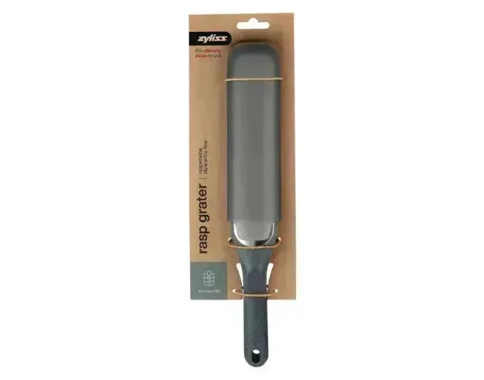 ZYLISS Raspelreibe aus Edelstahl und Weizenstroh-Kunststoff, ideal für präzises Reiben, langlebig und umweltfreundlich.