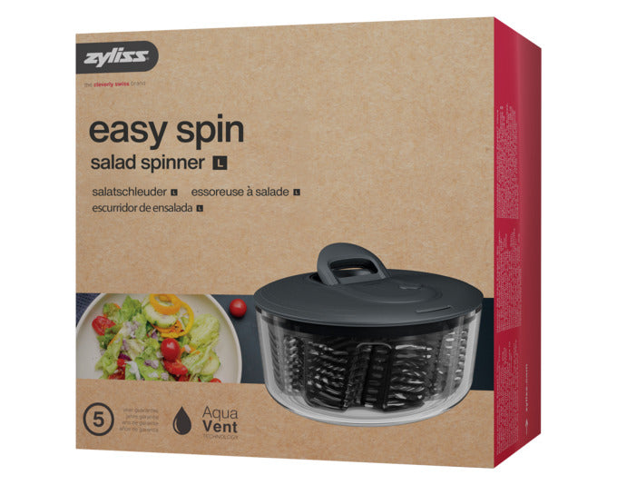 Die ZYLISS Salatschleuder Easy Spin L (ø 26 cm) bietet effizientes Trocknen von Salat mit innovativem Seilzugmechanismus.