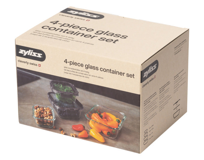 Das ZYLISS Vorratsbehälter Glas 4er Set bietet stilvolle, luftdichte Aufbewahrungslösungen für Ihre Küche, ideal für Frische und Ordnung.