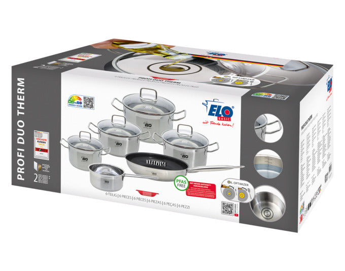 Das ELO Topfset Profi Duo Therm, 6-teilig, bietet hochwertige Edelstahl-Töpfe mit Thermoboden für effizientes Kochen.