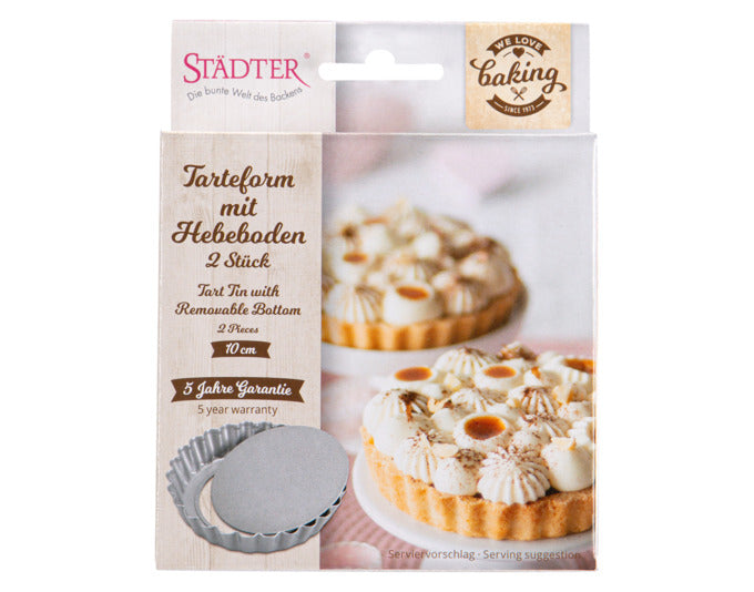 Set aus zwei silbernen Tarteformen mit Hebeboden, ideal für Backliebhaber. Perfekt für kleine Tartes, ø 10 cm, 1,8 cm hoch.
