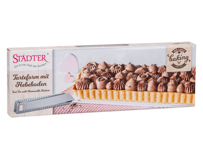 Rechteckige Tarteform mit Hebeboden, 35.5x11.5x2.5 cm, silber, ideal für Backkreationen, hochwertige Qualität von STÄDTER.