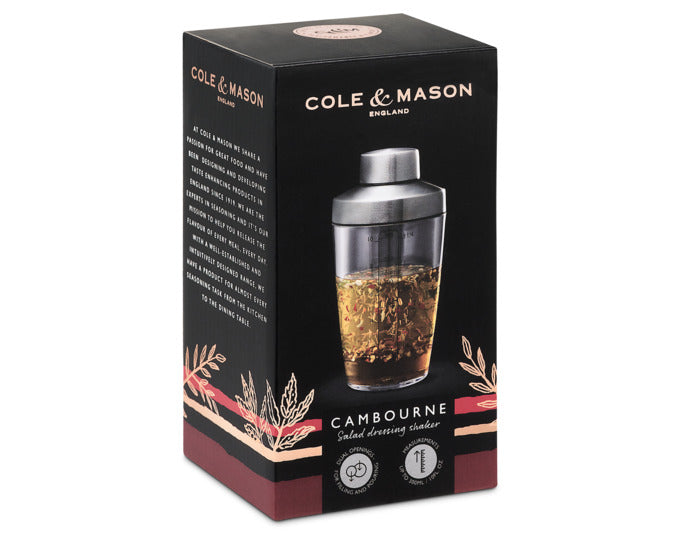Eleganter COLE & MASON Dressing-Shaker aus Edelstahl, 8.3x8.3x16 cm, ideal für Salatdressings und Marinaden.