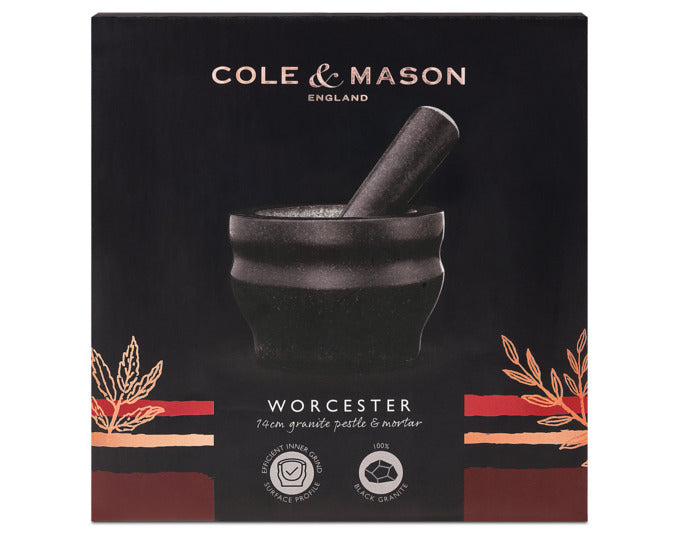 Eleganter COLE & MASON Granit-Mörser (14 cm) mit Stößel, ideal für Gewürze und Kräuter, robust und stilvoll in Schwarz.