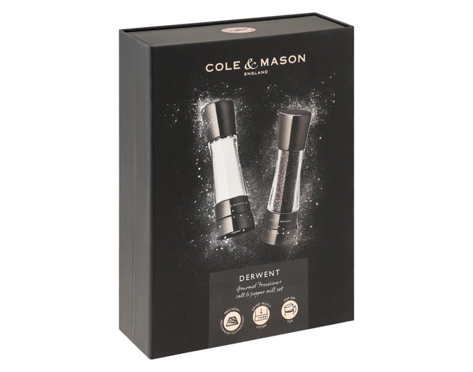 Entdecken Sie das elegante COLE & MASON Pfeffer-/Salzmühlen Set Derwent in eisengrau. Stilvolles Design trifft auf präzise Mahlgradeinstellung für perfekten Genuss.