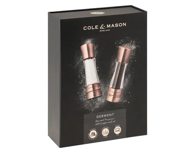 Elegantes COLE & MASON Pfeffer-/Salzmühlen Set Derwent in Kupfer, 19 cm hoch, mit präzisem Mahlwerk und stilvollem Design.