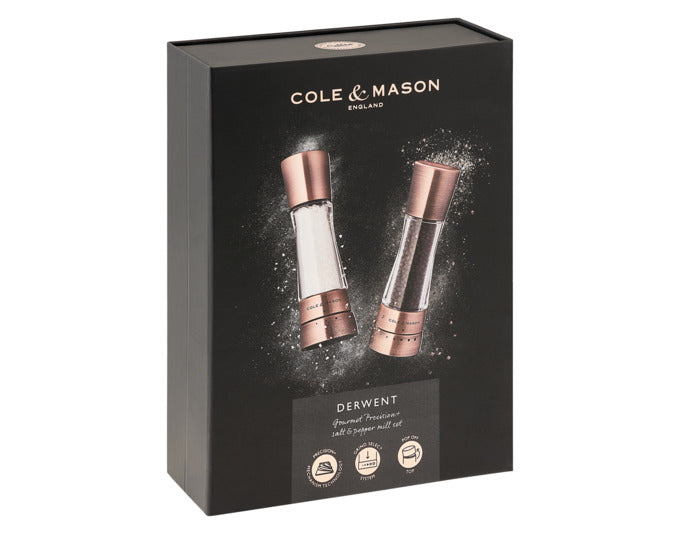 Elegantes COLE & MASON Pfeffer-/Salzmühlen Set Derwent in Kupfer, 19 cm hoch, mit präzisem Mahlwerk und stilvollem Design.
