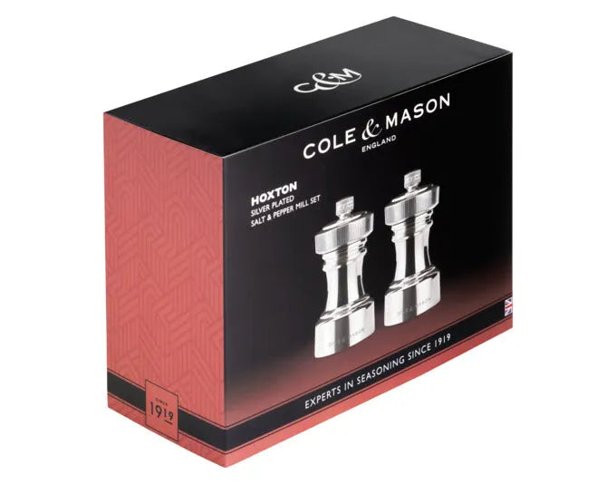 Elegantes COLE & MASON Hoxton Mühlenset, versilbert, 10.4x5.5x5.5 cm, ideal für Pfeffer und Salz, stilvoll und funktional.