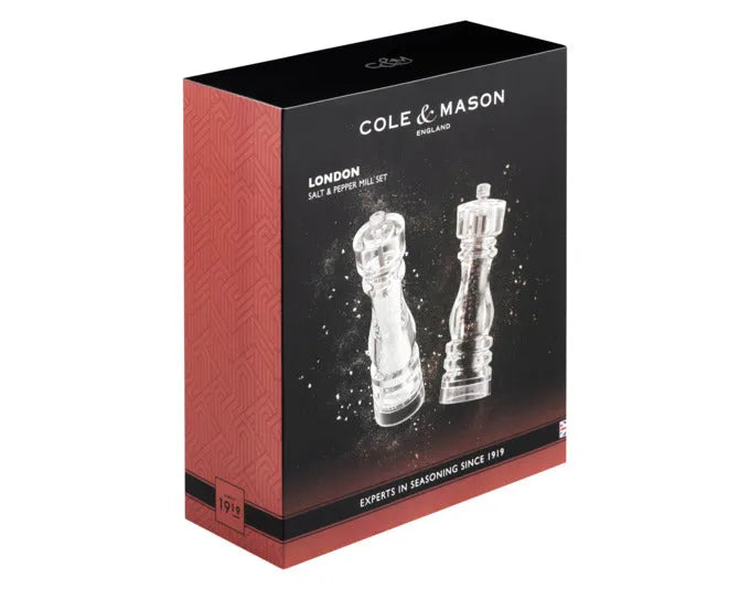 Elegantes COLE & MASON Pfeffer-/Salzmühlen Set aus Acryl, 18 cm hoch, modernes Design, ideal für stilvolles Würzen.