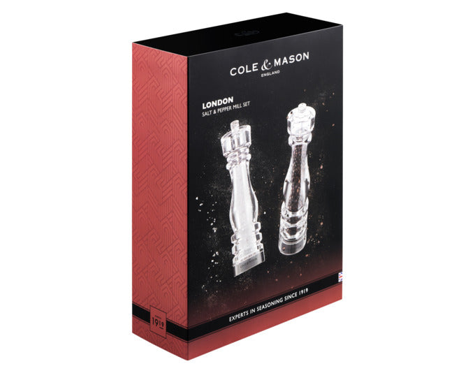 Elegantes COLE & MASON Pfeffer-/Salzmühlen Set aus Acryl, 22 cm hoch, modernes Design, ideal für stilvolles Würzen.