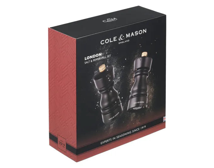 Elegantes COLE & MASON Mühlenset aus dunklem Buchenholz, 13 cm hoch, ideal für Pfeffer und Salz, stilvoll und funktional.