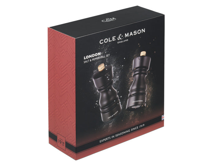 Elegantes COLE & MASON Mühlenset aus dunklem Buchenholz, 13 cm hoch, ideal für Pfeffer und Salz, stilvoll und funktional.