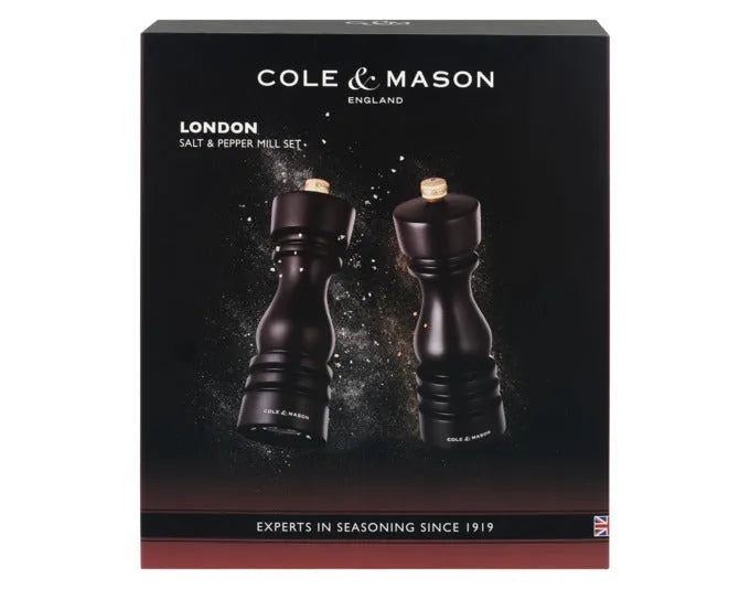 Elegantes COLE & MASON Mühlenset aus dunklem Buchenholz, 18 cm hoch, ideal für Pfeffer und Salz, stilvoll und funktional.
