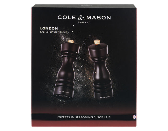Elegantes COLE & MASON Mühlenset aus dunklem Buchenholz, 18 cm hoch, ideal für Pfeffer und Salz, stilvoll und funktional.