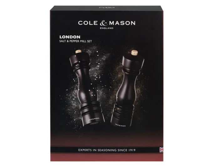 Elegantes COLE & MASON Mühlenset aus dunklem Buchenholz, 22 cm hoch, ideal für Pfeffer und Salz, stilvoll und funktional.