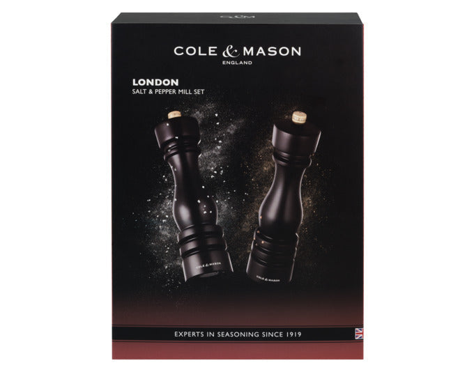 Elegantes COLE & MASON Mühlenset aus dunklem Buchenholz, 22 cm hoch, ideal für Pfeffer und Salz, stilvoll und funktional.