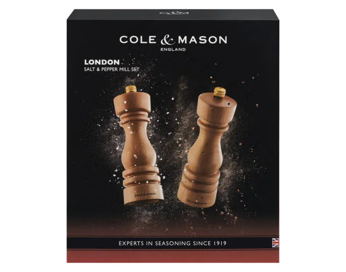 Elegantes COLE & MASON Mühlenset aus natürlichem Buchenholz, 18 cm hoch, ideal für Pfeffer und Salz, stilvoll und funktional.