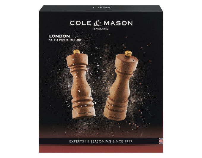 Elegantes COLE & MASON Mühlenset aus natürlichem Buchenholz, 18 cm hoch, ideal für Pfeffer und Salz, stilvoll und funktional.