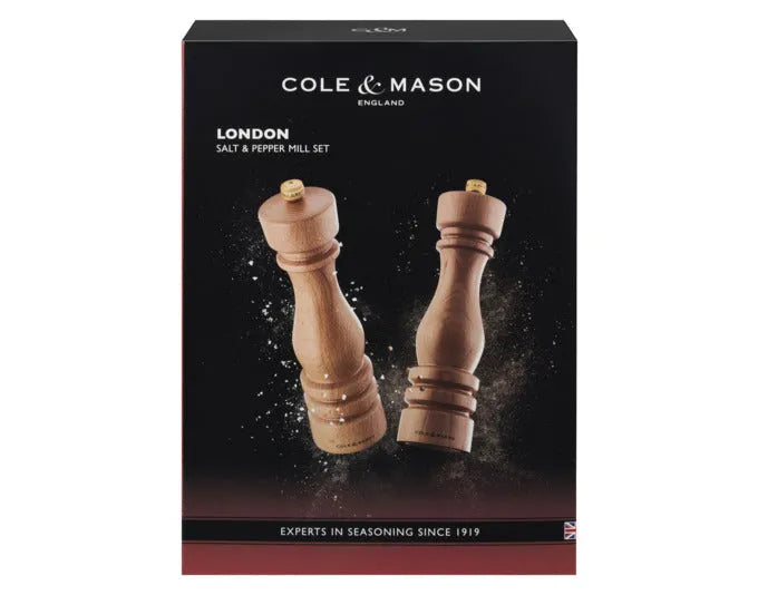 Elegantes COLE & MASON Mühlenset aus natürlichem Buchenholz, 22 cm hoch, ideal für Pfeffer und Salz, stilvoll und funktional.