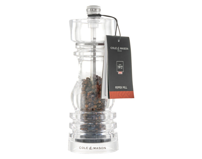 Elegante COLE&MASON Pfeffermühle aus Acryl, 18 cm hoch, modernes Design, präzises Mahlen, ideal für Ihre Küche.
