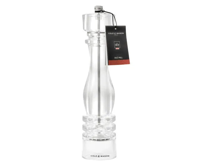 Elegante Salzmühle aus Acryl, 30 cm hoch, von COLE & MASON. Perfekt für präzises Würzen in der Küche oder am Tisch.