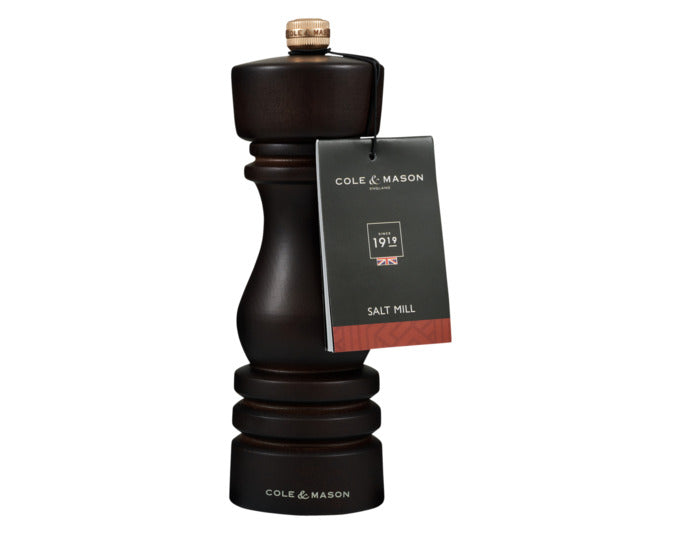 Elegante Salzmühle aus dunklem Buchenholz, 18 cm hoch, von COLE & MASON. Perfekt für stilvolles Würzen in der Küche.