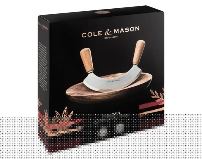 Elegantes COLE&MASON Wiegemesser mit Akazienholzbrett, ideal für Kräuter. Maße: 7x24x3 cm. Perfekt für präzises Schneiden.
