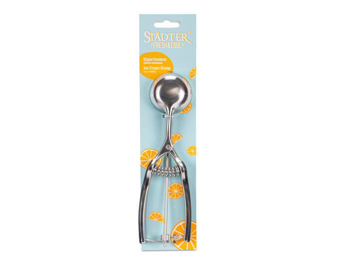 Eisportionierer aus Edelstahl und Silikon, ø 5 cm, Länge 22 cm, ideal für präzises Portionieren von Eis, robust und stilvoll.